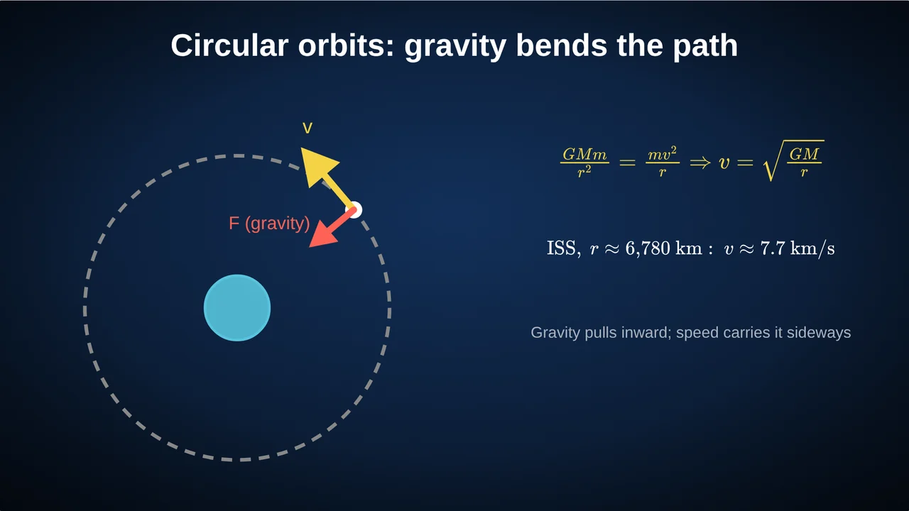 A satellite on a circular orbit around Earth, with its velocity along the orbit and gravity pointing to the centre