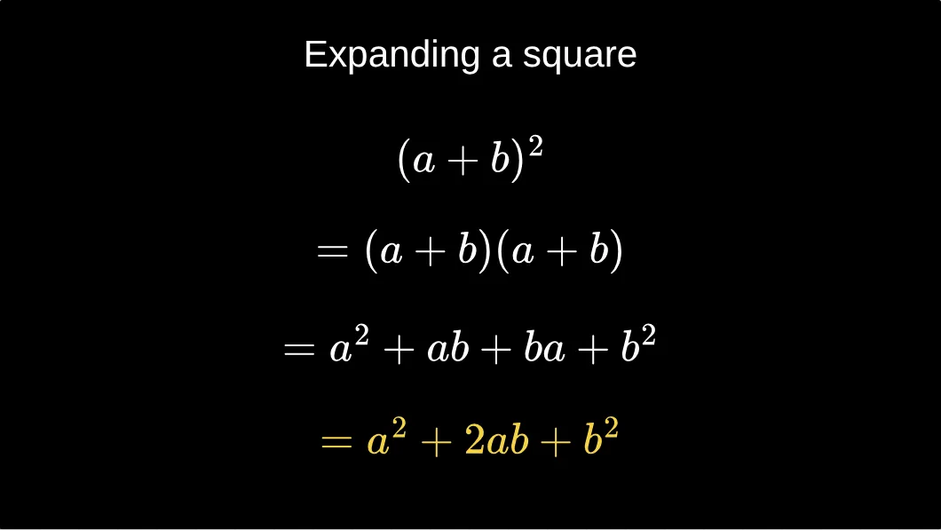 (a + b)² expanded step by step into a² + 2ab + b²