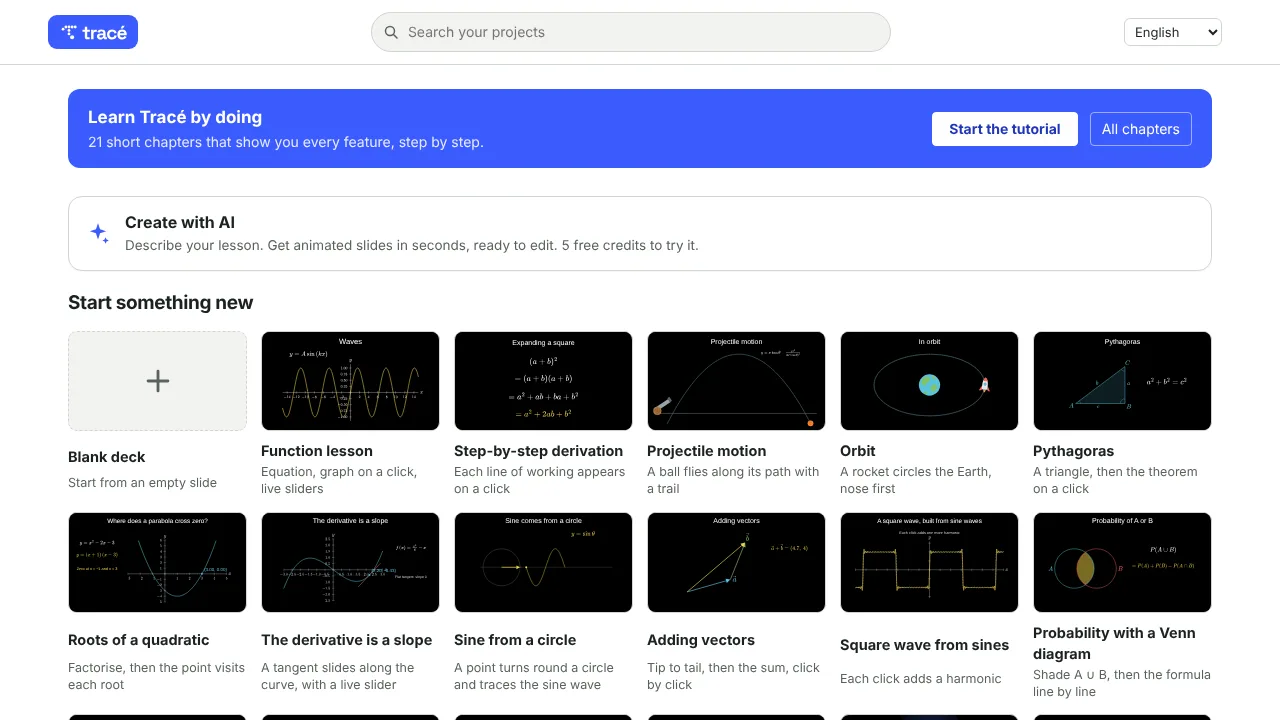 The Tracé projects page with Create with AI and templates such as Function lesson, Projectile motion and Pythagoras