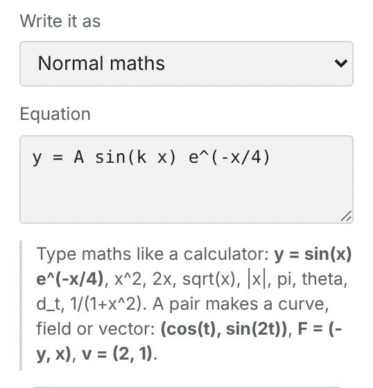 Ajustes de la ecuación: Escribir como Matemáticas normales, el cuadro Ecuación y una pista con lo que puedes escribir