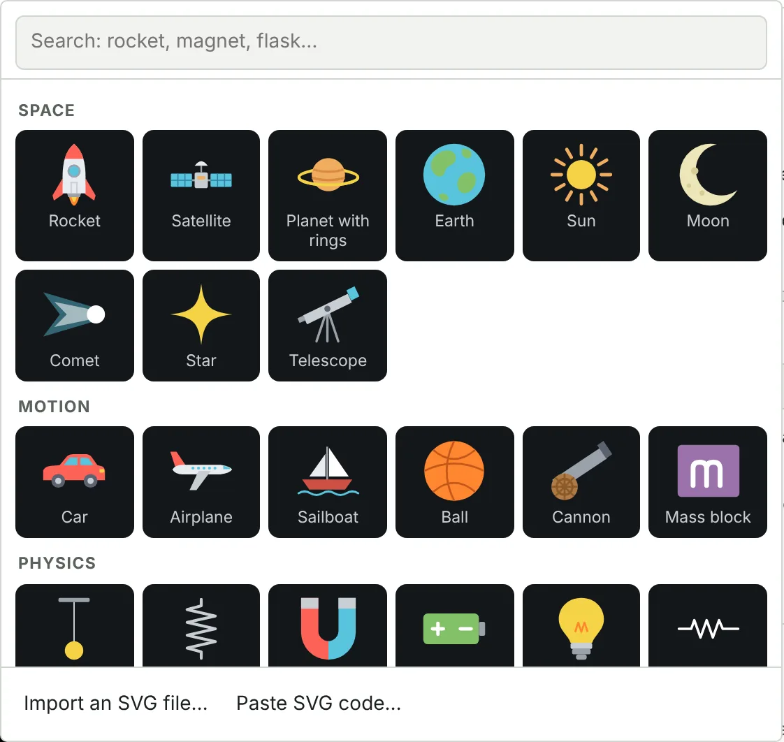 El menú Biblioteca: un buscador y dibujos de cohete, satélite, planeta, Tierra, sol, luna, coche, avión, velero y más, con los botones Importar un archivo SVG y Pegar código SVG