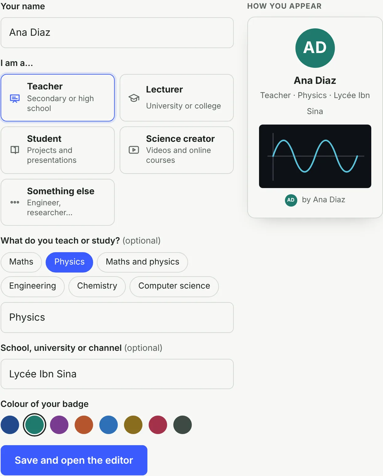 Formulaire de profil avec nom, cartes de rôle, matières, établissement et couleur du badge, à côté d’un aperçu de votre apparence sur les présentations partagées