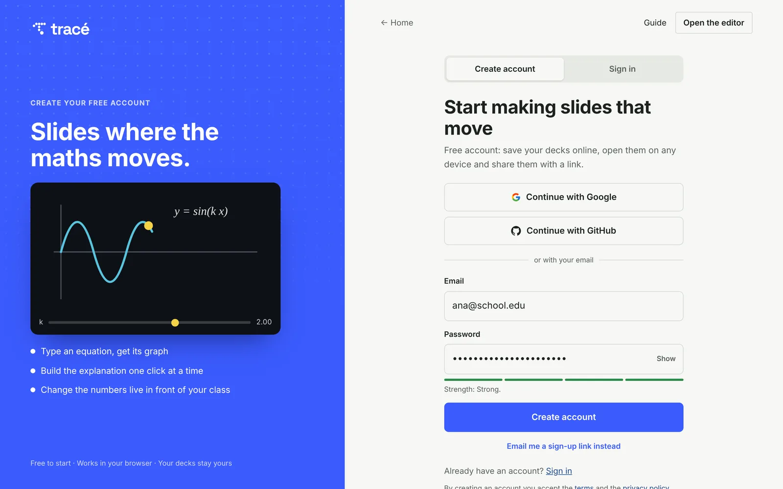 La page d’inscription : onglets Créer le compte et Se connecter, boutons Google et GitHub, champs e-mail et mot de passe et un bouton Créer le compte, à côté d’un panneau bleu avec un graphe animé