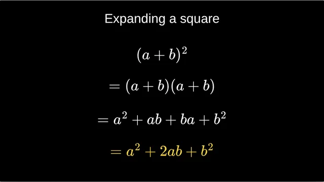 Expanding a square: (a + b)² worked out one line per click, ending on a² + 2ab + b².