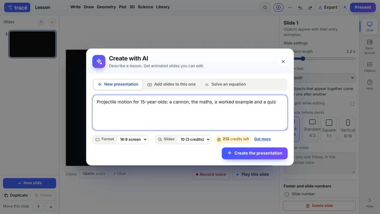 The Create with AI window with a request for a 10-slide lesson on projectile motion